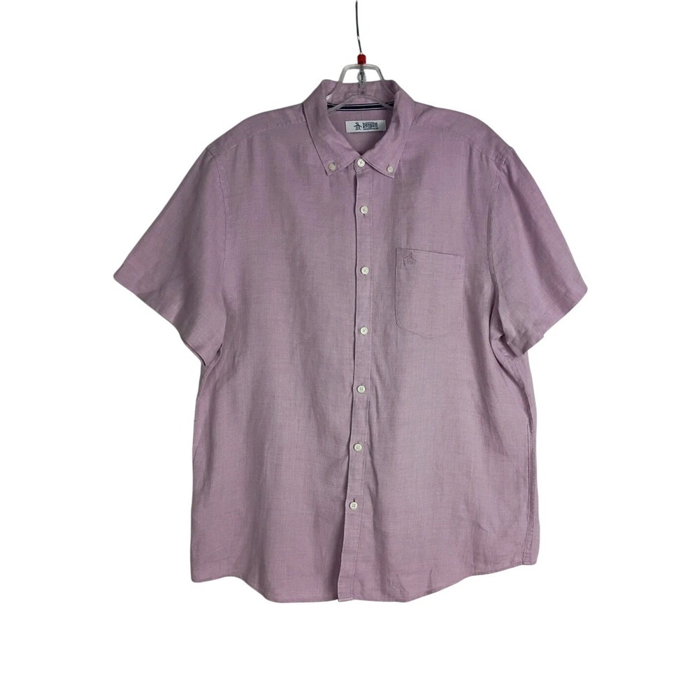 Penguin Pink Mens Linen Shirt Chest Logo Size L 100 % Linen